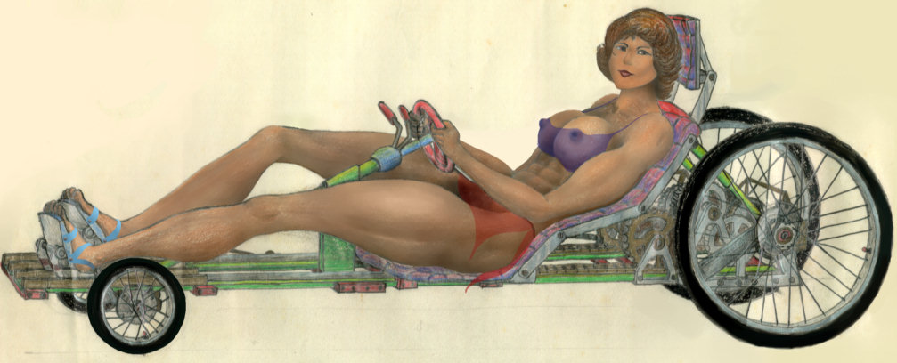 Reida demonstrating velomobile seating and pedals